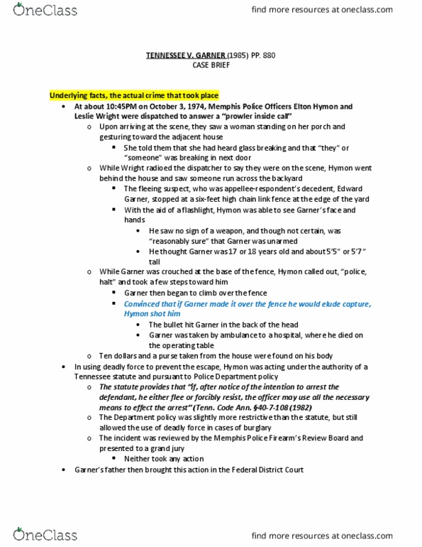 CRM/LAW C144 Chapter Notes - Chapter TENNESSEE V GARNER: Flashlight thumbnail